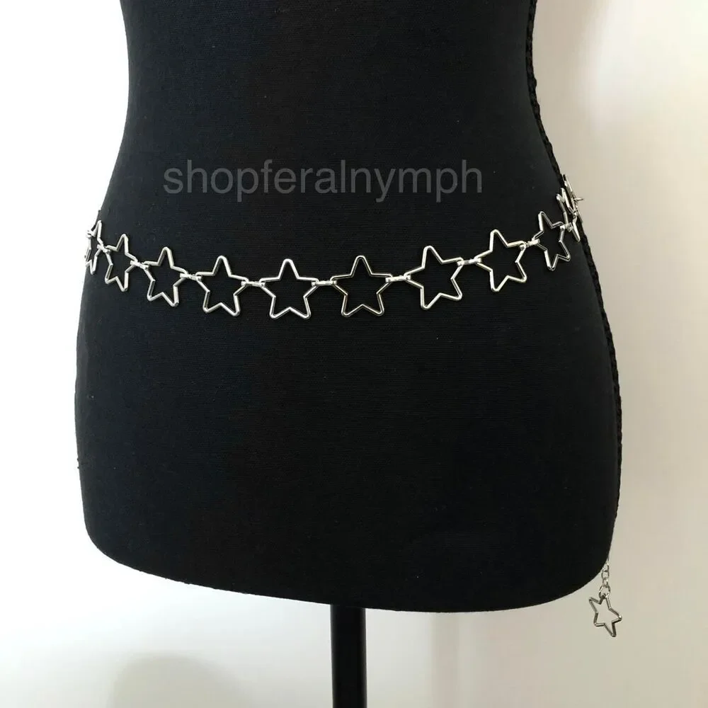 Vintage Y2K Cyber Star Silver Chain Belt, Fits 20.5–39.5 Inches, X7GA1177